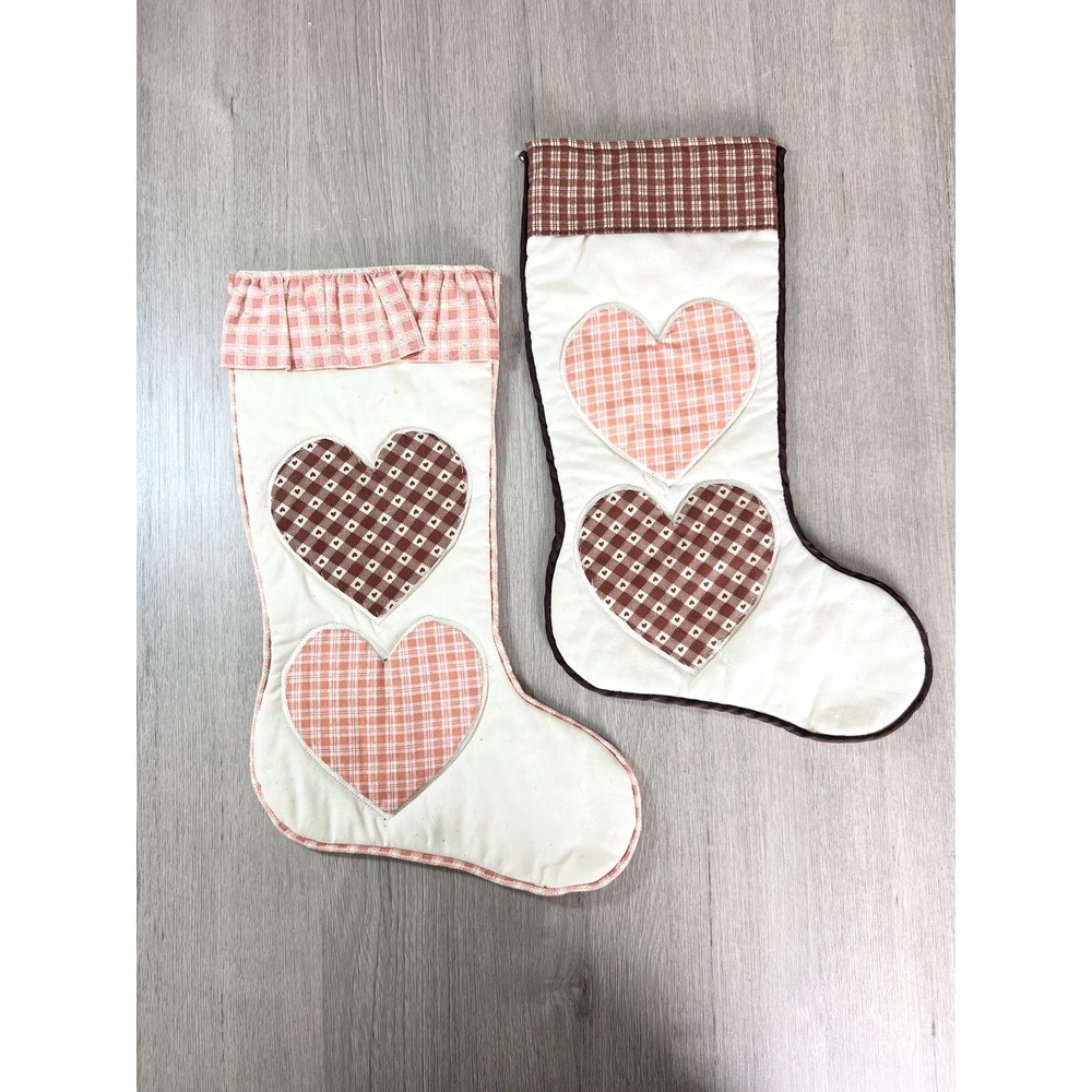 Two handmade Christmas stockings pink brown applique hearts